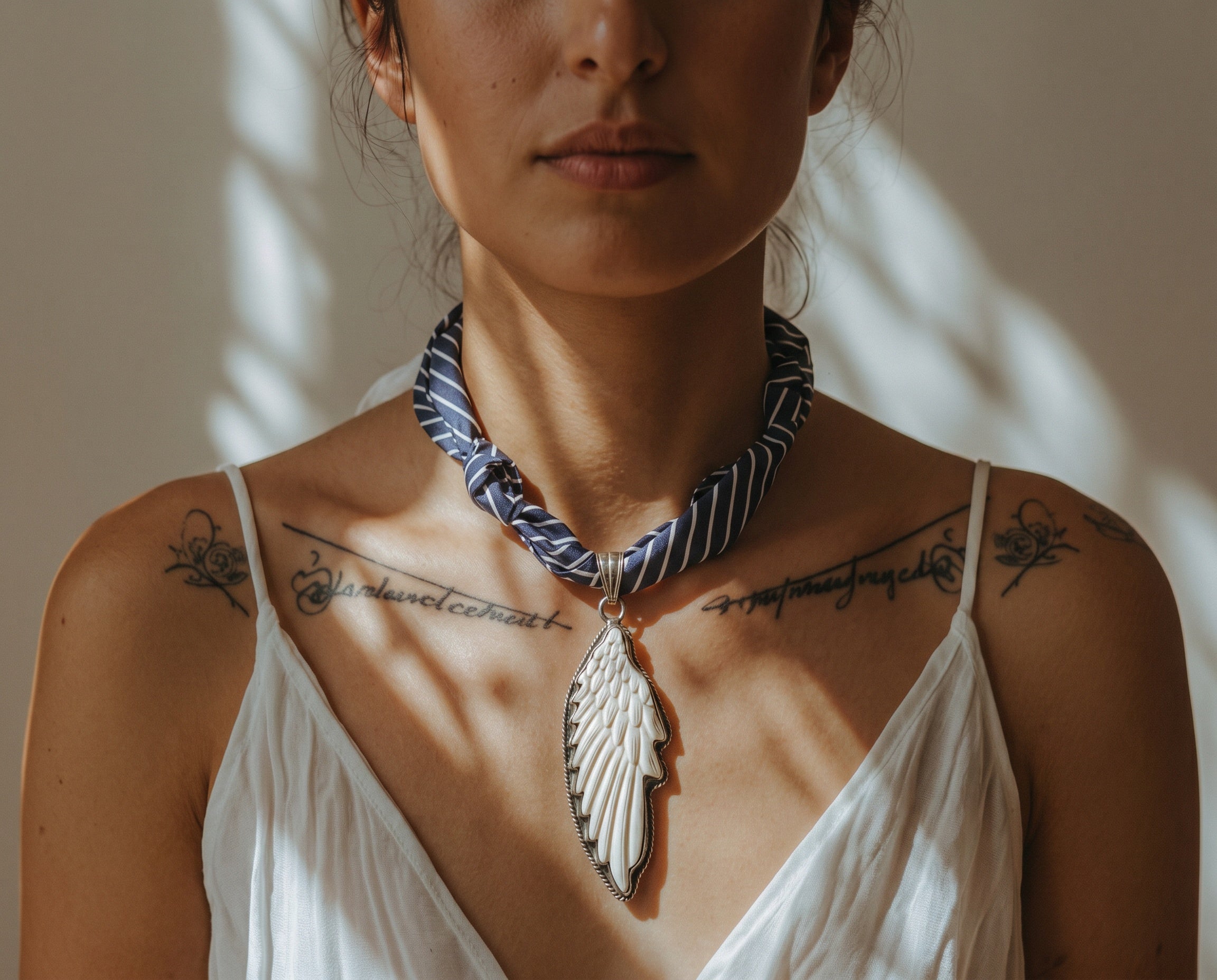 Bone Angel Pendant Ribbon Necklace